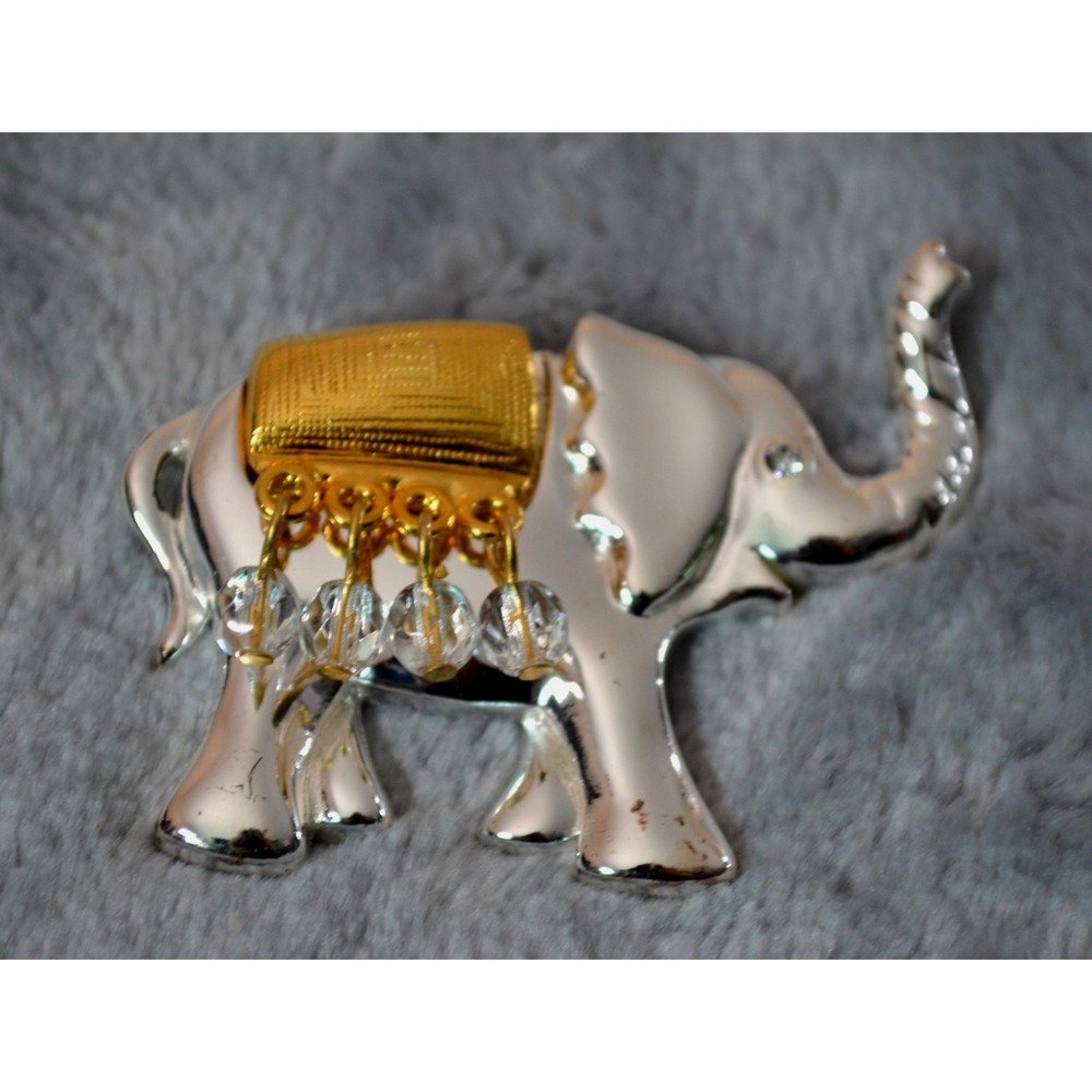 Vintage Silver Tone Elephant Brooch Pin Gold Tone Blanket with Bead Dangles 2x2